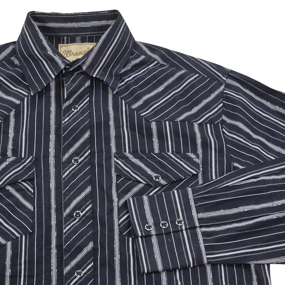 VTG Wrangler Western Fashion Black Snap Metalic Striped Long Sleeve Shirt Mens L - Picture 1 of 4